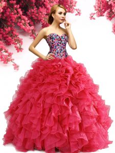 Fitting Red Lace Up Quinceanera Dress Beading and Ruffles Sleeveless Floor Length