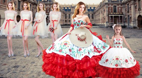 White And Red Sweet 16 Dress Military Ball and Sweet 16 and Quinceanera and For with Embroidery Sweetheart Sleeveless Lace Up