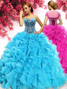Top Selling Aqua Blue Sleeveless Organza Lace Up Quinceanera Gowns for Military Ball and Sweet 16 and Quinceanera