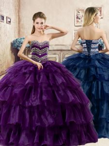 Ruffled Floor Length Purple Ball Gown Prom Dress Sweetheart Sleeveless Lace Up