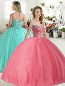 Pink Sleeveless Tulle Lace Up Ball Gown Prom Dress for Military Ball and Sweet 16 and Quinceanera
