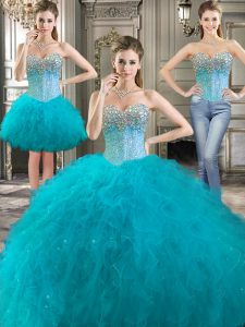 Three Piece Ball Gowns Quinceanera Gowns Aqua Blue Sweetheart Tulle Sleeveless Floor Length Lace Up