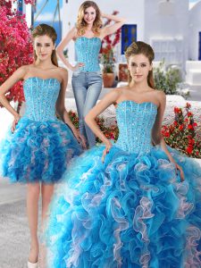 Three Piece White and Baby Blue Organza Lace Up Sweet 16 Dresses Sleeveless Floor Length Beading