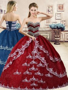 Custom Made Organza Sweetheart Sleeveless Lace Up Beading and Appliques Quinceanera Gown in Wine Red