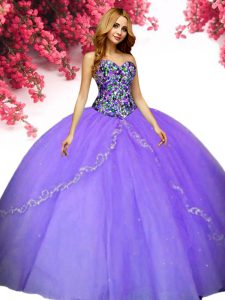 Lavender Ball Gowns Tulle Sweetheart Sleeveless Beading Floor Length Lace Up Sweet 16 Quinceanera Dress