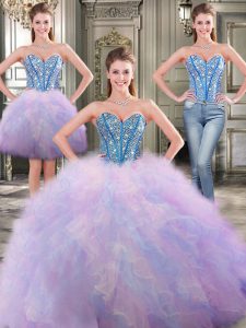 Three Piece Multi-color Ball Gowns Beading and Ruffles 15th Birthday Dress Lace Up Tulle Sleeveless Floor Length