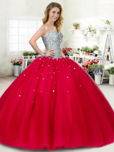 Red Ball Gowns Tulle Sweetheart Sleeveless Beading Floor Length Lace Up Quinceanera Gown