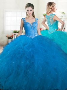 Exceptional Straps Blue Ball Gowns Beading and Ruffles Sweet 16 Quinceanera Dress Zipper Tulle Sleeveless Floor Length
