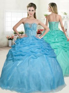 Baby Blue Ball Gowns Sweetheart Sleeveless Organza Floor Length Lace Up Beading and Pick Ups Quince Ball Gowns