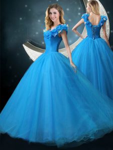 Blue Cap Sleeves Floor Length Appliques Lace Up 15 Quinceanera Dress