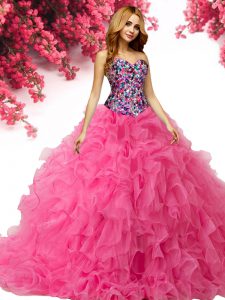 Pretty Hot Pink Ball Gowns Sweetheart Sleeveless Organza Floor Length Lace Up Beading and Ruffles Vestidos de Quinceanera