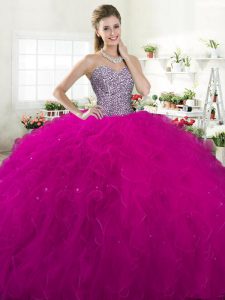 Admirable Sleeveless Tulle Floor Length Lace Up 15 Quinceanera Dress in Fuchsia with Beading and Ruffles