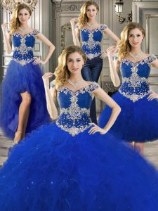 Charming Three Piece Royal Blue Ball Gowns Off The Shoulder Sleeveless Tulle Floor Length Zipper Beading and Ruffles 15th Birthday Dress