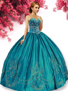 Excellent Taffeta Sweetheart Sleeveless Lace Up Embroidery 15 Quinceanera Dress in Turquoise