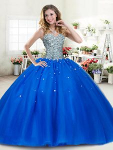 Deluxe Royal Blue Ball Gowns Sweetheart Sleeveless Tulle Floor Length Lace Up Beading 15 Quinceanera Dress
