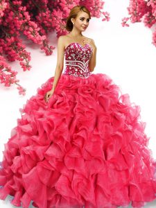 Luxurious Sweetheart Sleeveless Lace Up 15 Quinceanera Dress Red Organza