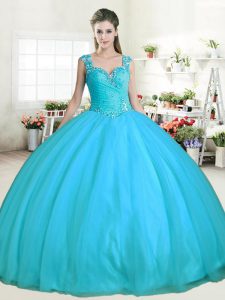 Straps Floor Length Zipper Sweet 16 Dress Aqua Blue for Military Ball and Sweet 16 and Quinceanera with Beading