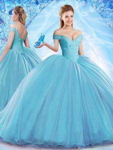 Off the Shoulder Sleeveless Brush Train Lace Up With Train Beading Quince Ball Gowns