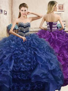 Fashion Floor Length Lace Up Vestidos de Quinceanera Navy Blue for Military Ball and Sweet 16 and Quinceanera with Beading and Ruffles