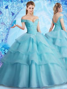 New Arrival Off the Shoulder Sleeveless With Train Beading and Ruffled Layers Lace Up Quinceanera Gowns with Aqua Blue Brush Train