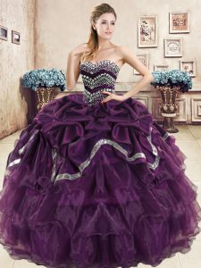 Sleeveless Floor Length Beading and Ruffled Layers and Pick Ups Lace Up Ball Gown Prom Dress with Purple