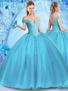 Ball Gowns Vestidos de Quinceanera Baby Blue Off The Shoulder Tulle Sleeveless Floor Length Lace Up