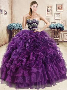 Floor Length Purple 15th Birthday Dress Sweetheart Sleeveless Lace Up