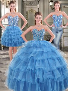 Fashion Three Piece Blue Organza Lace Up 15th Birthday Dress Sleeveless Floor Length Beading and Ruffled Layers