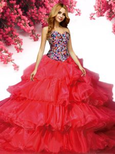 Romantic Ruffled Brush Train Ball Gowns Vestidos de Quinceanera Red Sweetheart Organza Sleeveless With Train Lace Up