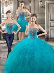 Designer Three Piece Teal Tulle Lace Up Sweetheart Sleeveless Floor Length Ball Gown Prom Dress Ruffles