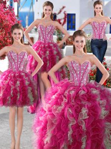 New Style Four Piece White and Hot Pink Organza Lace Up Sweetheart Sleeveless Floor Length Sweet 16 Quinceanera Dress Beading