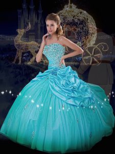 Blue Ball Gowns Strapless Sleeveless Taffeta and Tulle Floor Length Lace Up Beading and Pick Ups Quinceanera Dress