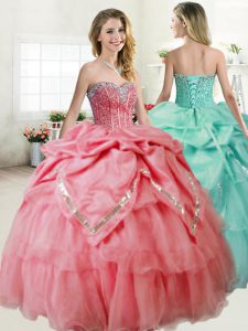 Hot Selling Organza and Taffeta Sweetheart Sleeveless Lace Up Beading Quinceanera Dresses in Watermelon Red