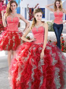 Luxurious Three Piece Organza Sweetheart Sleeveless Lace Up Beading Quince Ball Gowns in White and Red