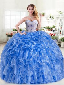 Fabulous Beading and Ruffles Sweet 16 Dresses Blue Lace Up Sleeveless Floor Length