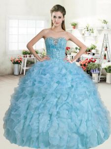 Custom Made Beading and Ruffles Quinceanera Gown Baby Blue Lace Up Sleeveless Floor Length