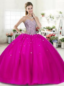 Sweetheart Sleeveless 15 Quinceanera Dress Floor Length Beading Fuchsia Tulle
