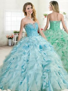 Baby Blue Organza and Taffeta Lace Up Quinceanera Gown Sleeveless Floor Length Beading and Ruffles