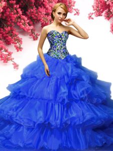 Suitable Royal Blue Ball Gowns Organza Sweetheart Sleeveless Beading and Ruffled Layers Floor Length Lace Up Sweet 16 Dresses