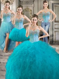 Custom Made Four Piece Aqua Blue Tulle Lace Up Quinceanera Dresses Sleeveless Floor Length Beading and Ruffles
