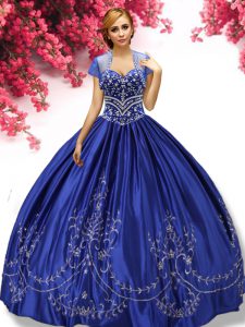 Sleeveless Floor Length Embroidery Lace Up Ball Gown Prom Dress with Royal Blue