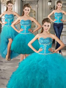 Cheap Four Piece Teal Ball Gowns Sweetheart Sleeveless Tulle Floor Length Lace Up Beading and Ruffles Sweet 16 Dresses