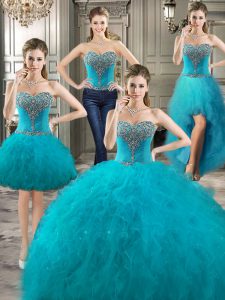 Fashionable Four Piece Tulle Sweetheart Sleeveless Lace Up Beading and Ruffles Quinceanera Dress in Teal