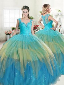Fancy Multi-color Tulle Zipper Straps Sleeveless Floor Length Sweet 16 Dress Beading and Ruffled Layers