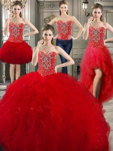 Four Piece Beading and Ruffles Quinceanera Gowns Red Lace Up Sleeveless Floor Length