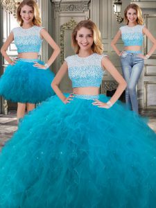 Sexy Three Piece Scoop Cap Sleeves Floor Length Backless Quinceanera Gown Teal for Military Ball and Sweet 16 and Quinceanera with Beading and Ruffles