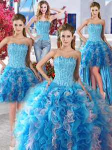 Four Piece White and Baby Blue Lace Up Sweetheart Beading Quinceanera Gown Organza Sleeveless
