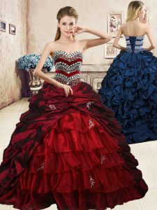 Wine Red Organza and Taffeta Lace Up Sweetheart Sleeveless Floor Length Quince Ball Gowns Beading and Appliques and Ruffled Layers and Pick Ups