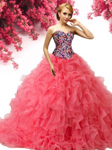 Organza Sleeveless With Train Quinceanera Gown Brush Train and Beading and Ruffles