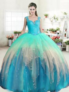 Straps Multi-color Ball Gowns Beading and Ruffled Layers 15 Quinceanera Dress Zipper Tulle Sleeveless Floor Length